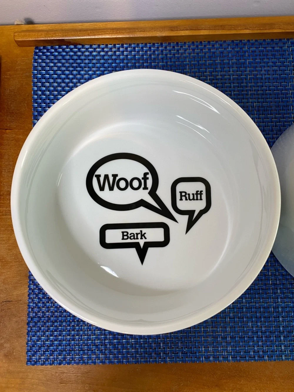 Crate & Barrel dog bowls, Woof, Ruff, Bark black text white bowl, heavy ceramic